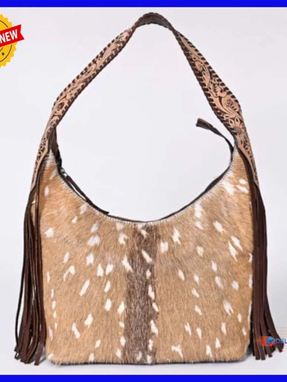 Hand Tooled Floral Leather Hobo Bag with Fringes & YKK Zipper